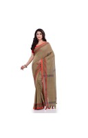 Women`s Traditional Bengali Tant Handloom Cotton Saree Loveria Design With Blouse Piece (Tan Colour)